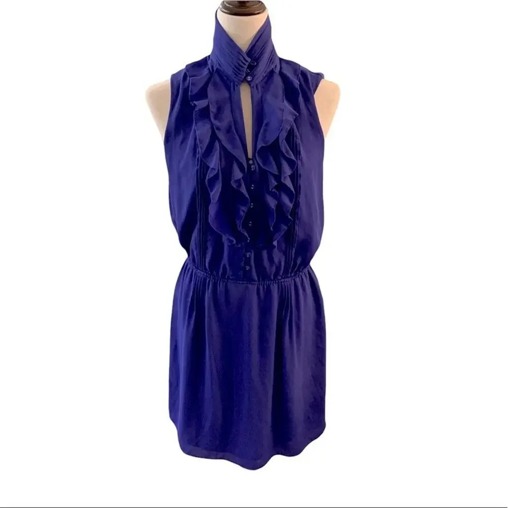 GREYUN bright blue ruffle front sleeveless mini dress Size Small. Fully lined - Picture 2 of 10